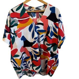 Jodifl Abstract Floral Print Short Sleeve Blouse Colorful Artistic Top Size‎ M